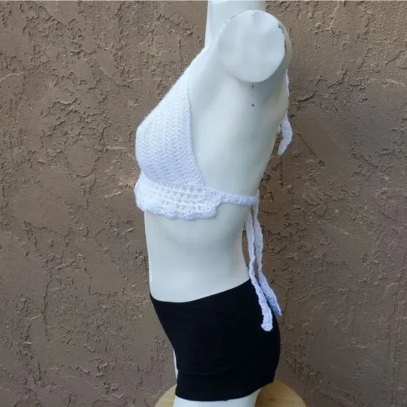 Hand Crafted White Crochet Halter Top Bralette Size L - Picture 2 of 8